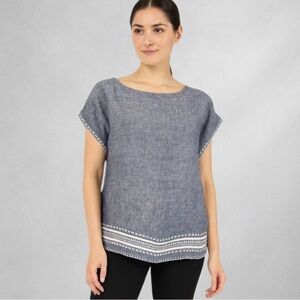 Sigrid Olsen Women’s Linen Embroidered Blouse Top Blue M Medium Button Boho bb